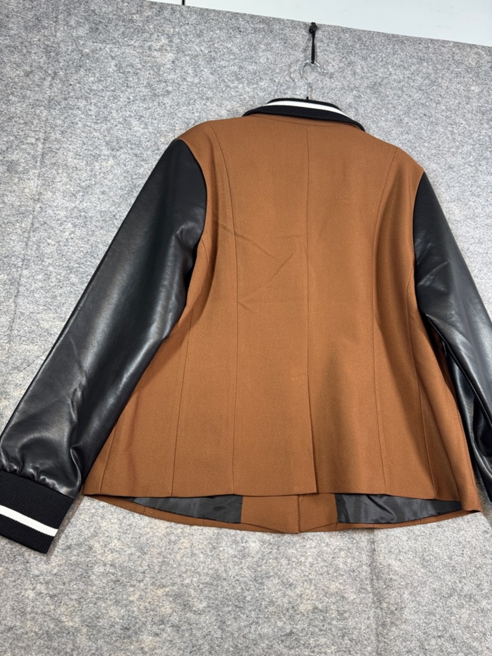 FDJ Brown Wool Blend Varsity Jacket Black Faux Leather Sleeves Preppy Chic XL - Picture 15 of 16